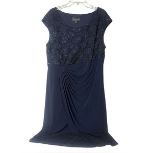Connected Apparel Navy Blue Sleeveless Sequin Bodice Ruched Below Knee Skirt 18W